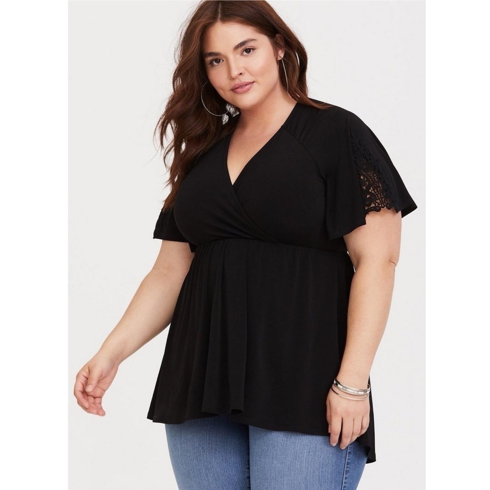 Torrid Black Lace Sleeve Babydoll Top 3X Plus Size Stretch Knit Studio Blouse
